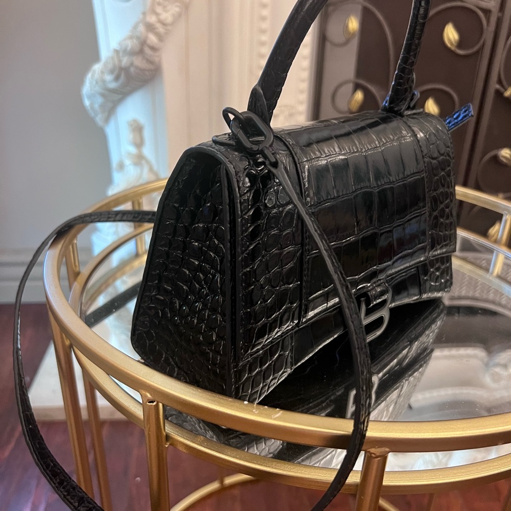 Black Croc-Embossed Leather Shoulder Bag